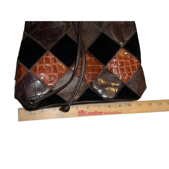 Avon Vintage Patchwork Drawstring Bucket Bag Brown Faux Leather Alligator Emboss - Picture 4 of 5
